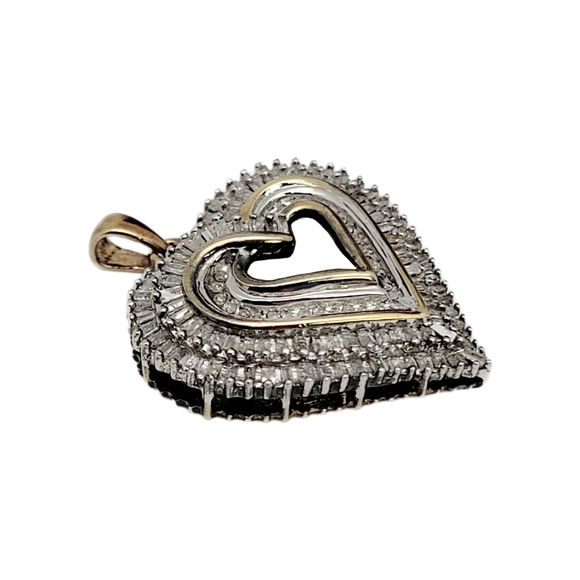 Vintage 1ct Diamond Heart Cluster Pendant Sterling Silver 925 Gold Inlay - Picture 3 of 8